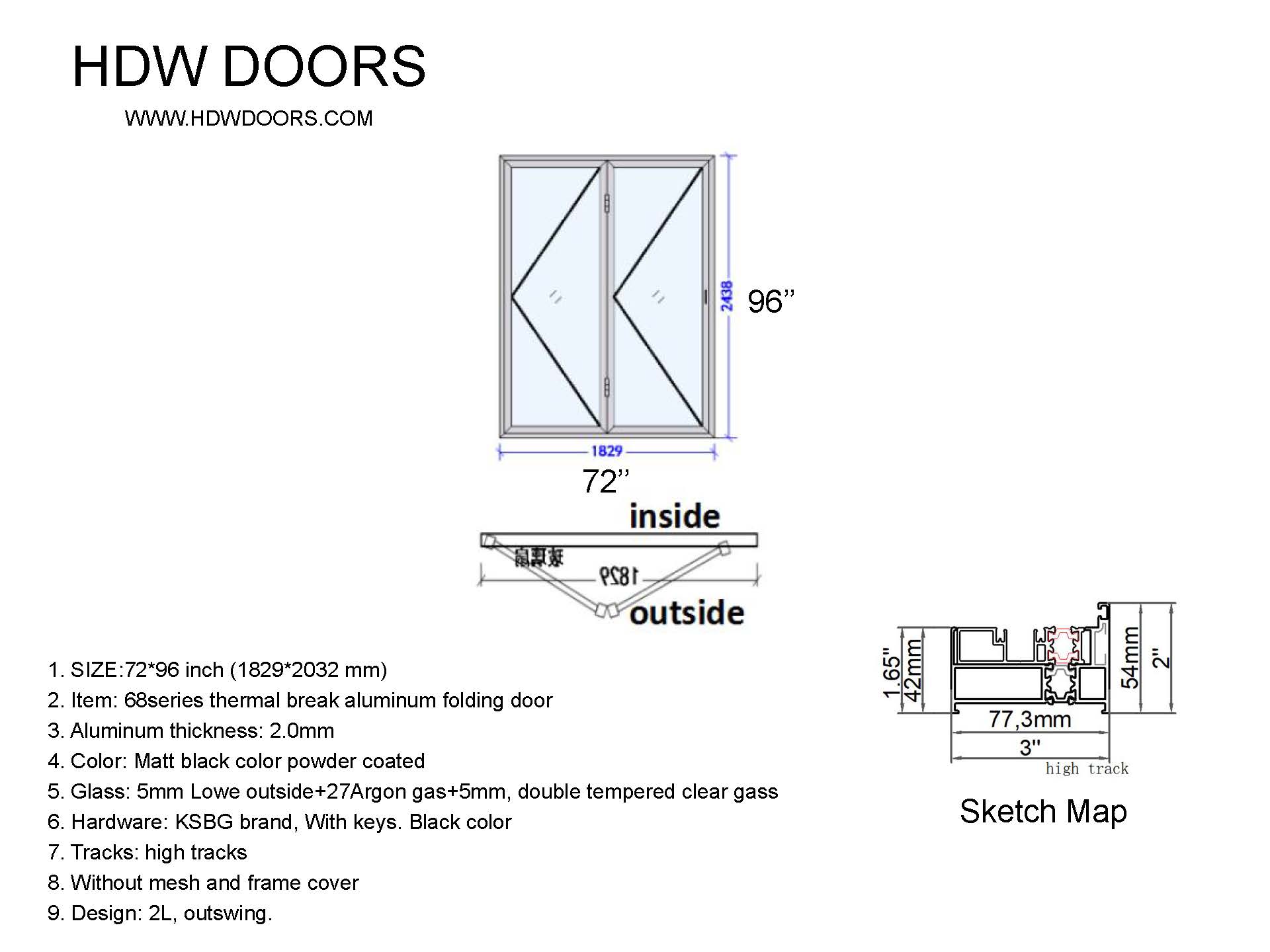 Aluminum Bifold Door 72″Wx96″H – HDW-DOORS